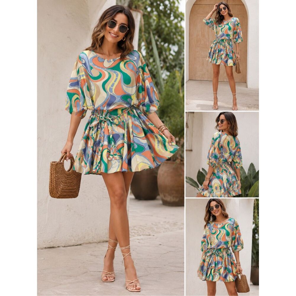 Aakaa Retro Psychedelic Swing Dress size S dolman vacation 100% cotton
